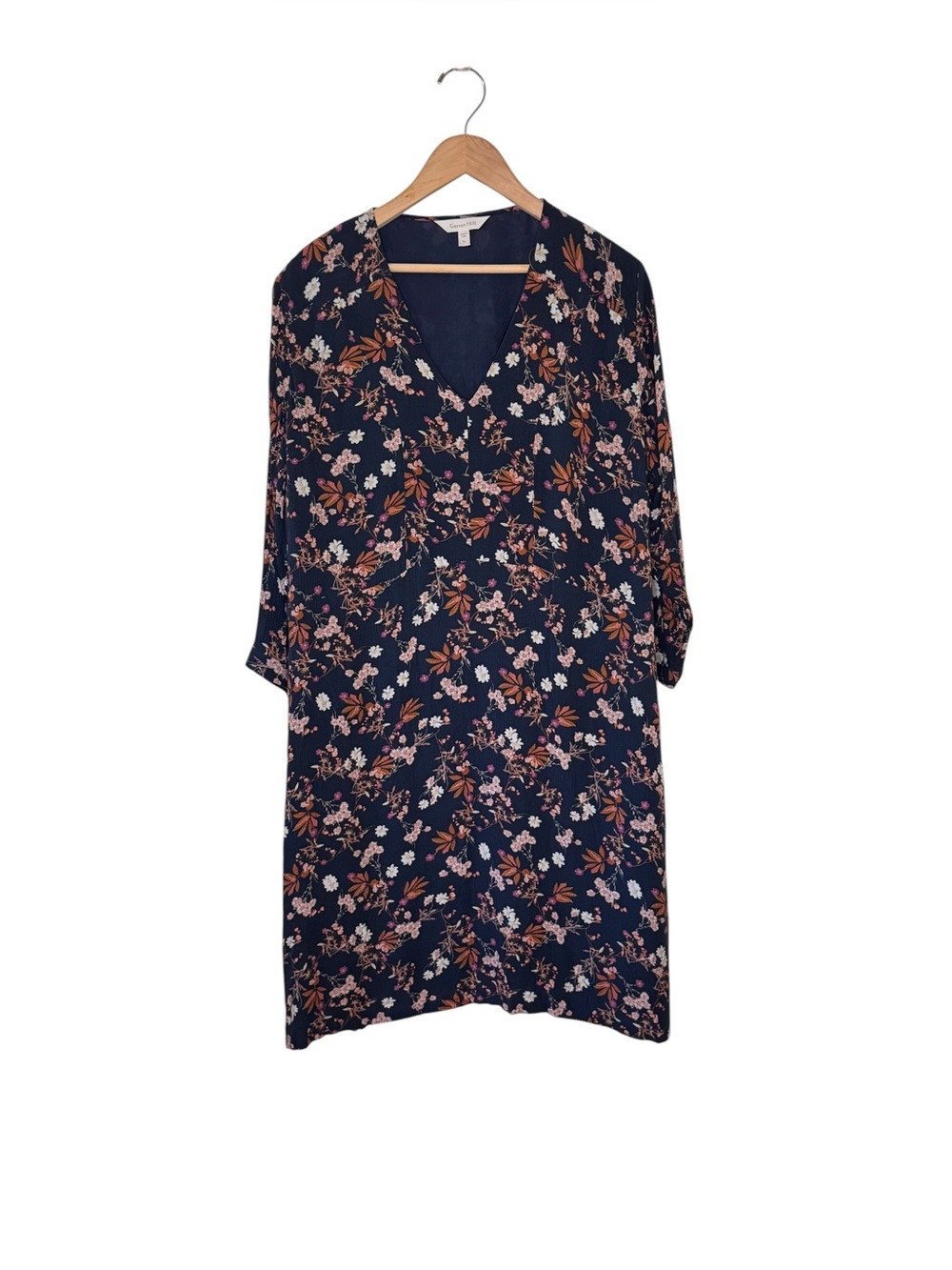 Garnet Hill Blue Shift Dress Floral Millie Crepe Dress Women's V-Neck Size XL